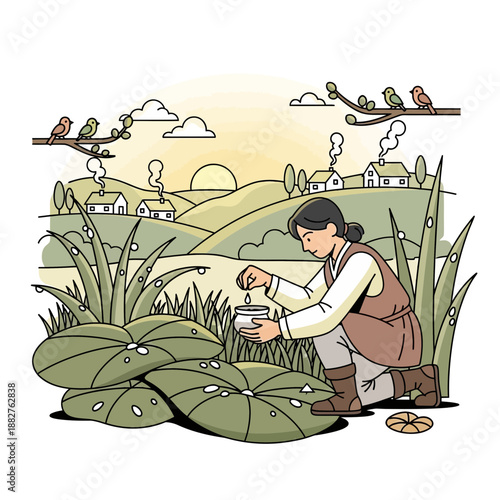 Rural life scene with person tending to plants and birds in a village at sunrise.