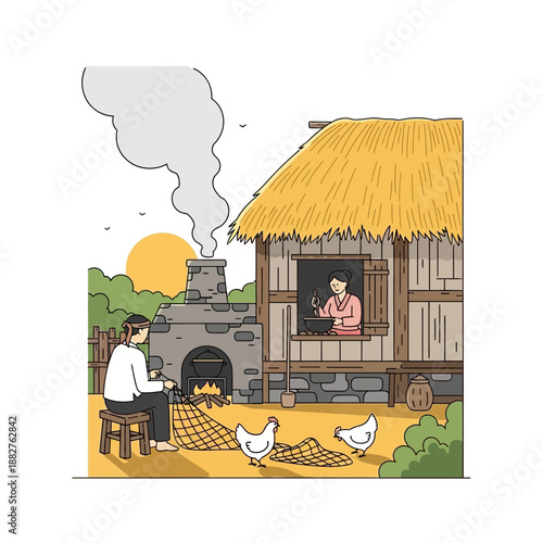 Rural life scene with thatched roof house, cooking fire and chickens