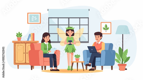 A whimsical fairy leads a discussion with two professionals in a bright room