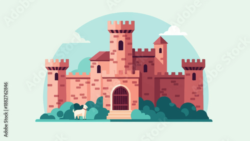 A whimsical, flat-design illustration of a pink castle with turrets and a white dog