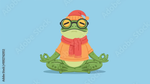 A whimsical frog in winter attire meditates peacefully on a serene blue background