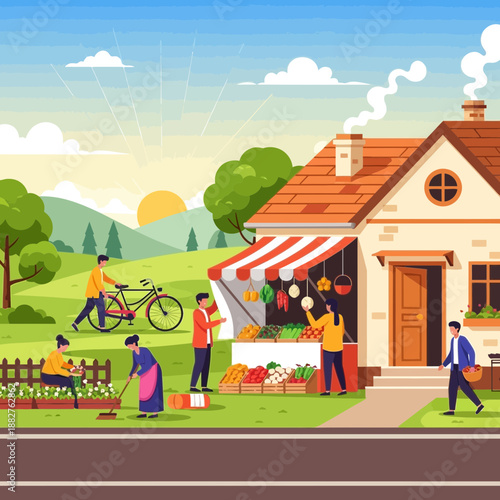 Rural market scene with people shopping and tending gardens at sunrise.