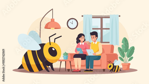 A whimsical indoor scene with people, a large bee, and a small bee