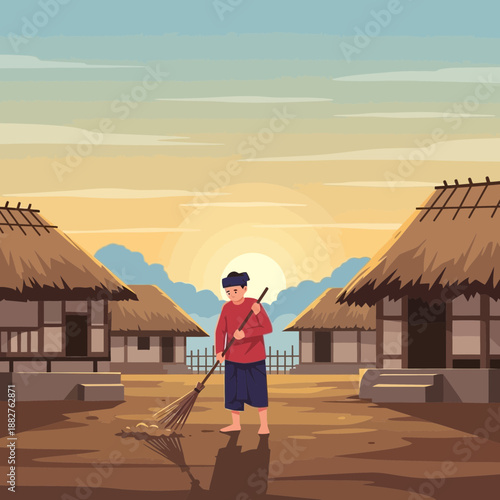 Rural scene, person sweeping yard in front of traditional huts at sunrise