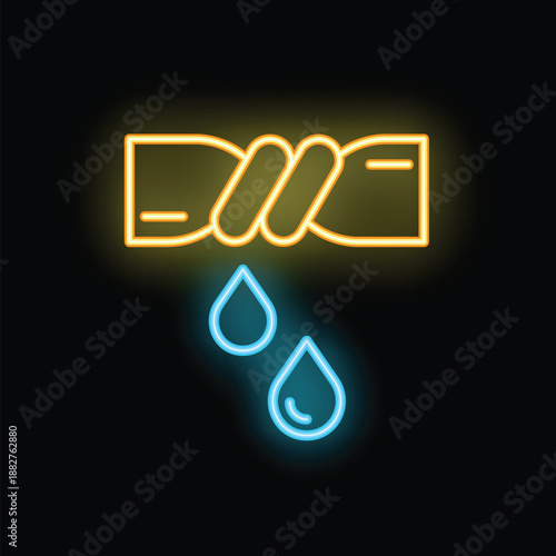 Glowing neon icon of a twisted leaking pipe with falling water drops isolated on a black background