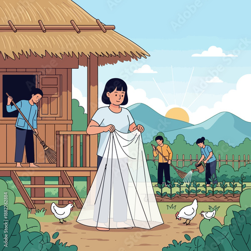 Rural life scene with people farming and tending to chickens at sunrise.