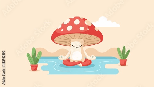 A whimsical mushroom character meditates peacefully by a tranquil blue pool