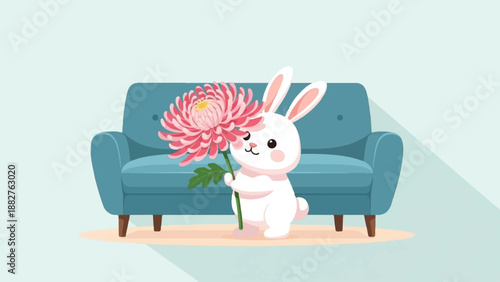 A white rabbit holds a pink flower in front of a blue sofa