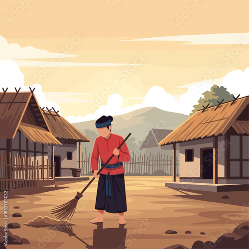 Traditional village scene with person sweeping dirt path