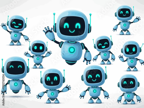 A group of cute robots with glowing blue eyes and headphones