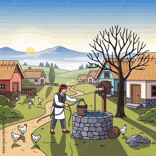 Village life: Man drawing water from a well, chickens roam freely, rural landscape