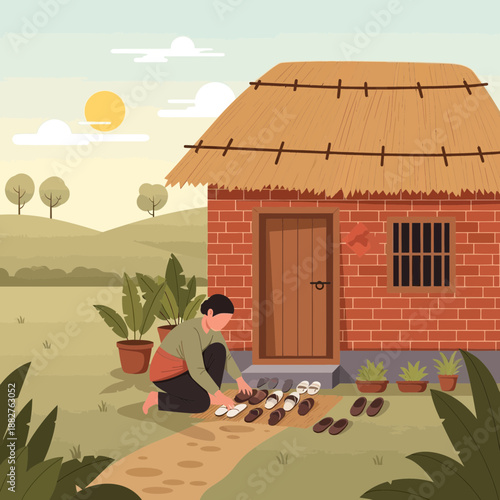 Villager arranging shoes outside brick house, rural landscape, sunny day