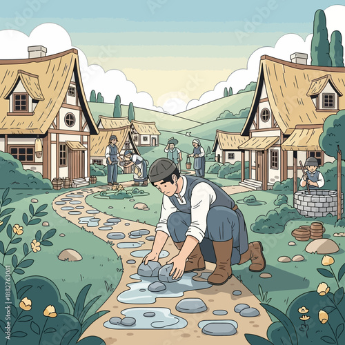 Villager laying stones on path in rural village with thatched houses