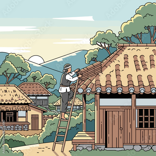 Villager repairing thatched roof house with ladder, traditional village scene