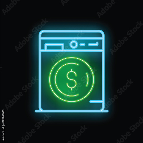 Glowing neon sign representing money laundering with a dollar coin spinning inside a washing machine