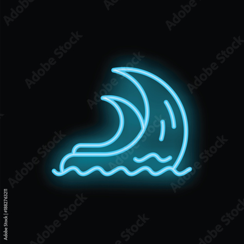 Neon wave breaking icon glowing against a black background