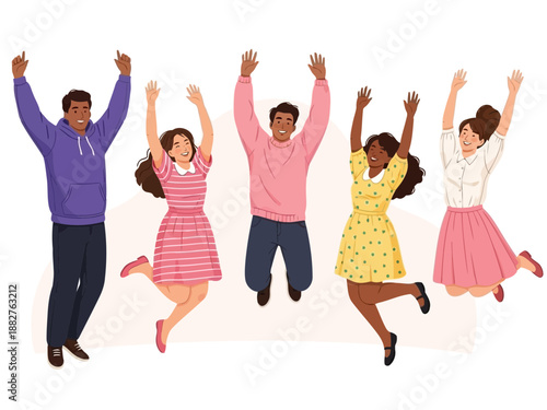Diverse group of people jumping in the air with joy and excitement together