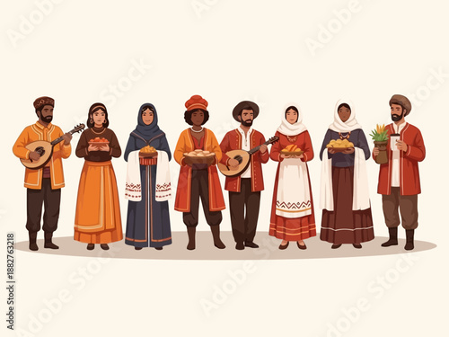 A group of people wearing traditional clothing standing together in a line
