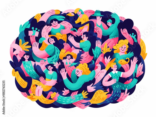 Colorful illustration of multiple mermaids in various swimming poses together in a circular pattern