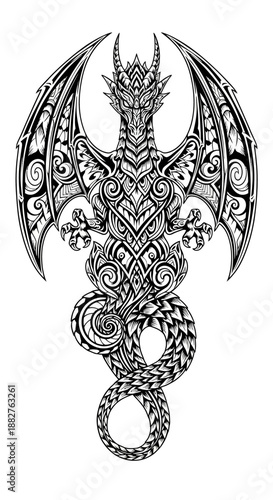 Intricate dragon illustration featuring patterns in a unique, symbolic representation of fantasy and mythology, viewed from the front.