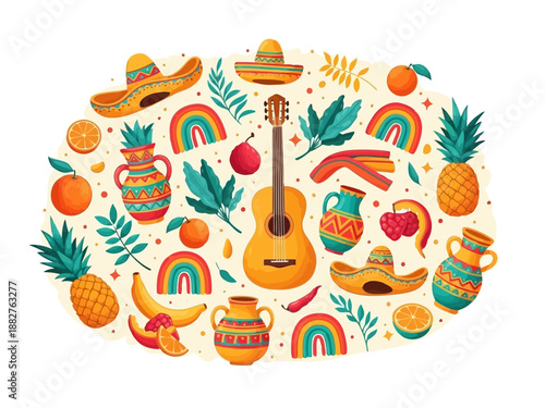 Vibrant illustration of a guitar surrounded by colorful sombreros, fruit, and rainbows on a cream background with festive mexican elements