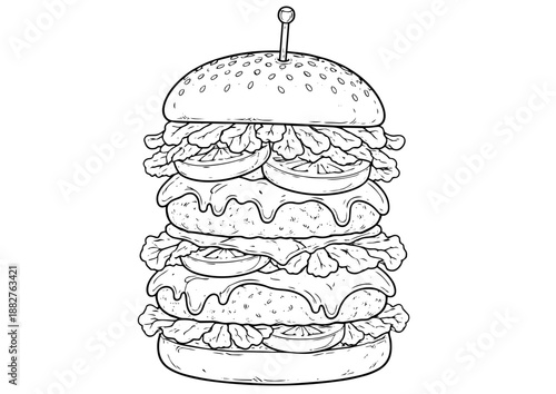 A detailed vector illustration of a large stacked burger with multiple layers