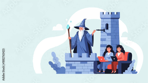 A wizard stands on a castle wall, while two women use laptops