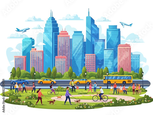 City park scene with people walking and playing on green grassy area by river
