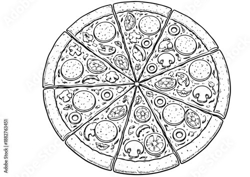 A minimalist vector illustration of a sliced pizza pie with various toppings