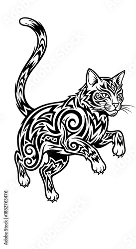 An intricate black and white illustration of a leaping cat with swirling patterns in a dynamic pose