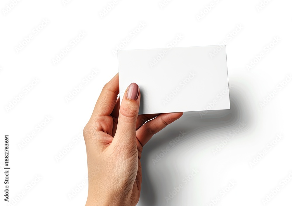 Fototapeta premium A woman's hand, manicured, holding a blank, white rectangular card against a white backdrop