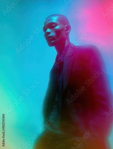 Captivating style emerges in a vibrant high-fashion setting, embodying elegance through color and light inspired visuals