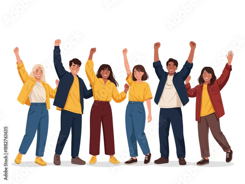 Group of six happy people with raised arms