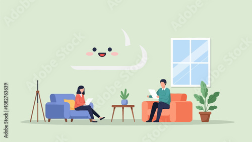 A woman and man sit on couches, interacting with devices, with a cloud above