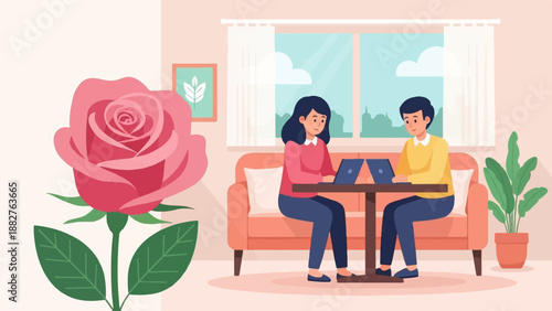 A woman and man work on laptops in a room with a rose and plants