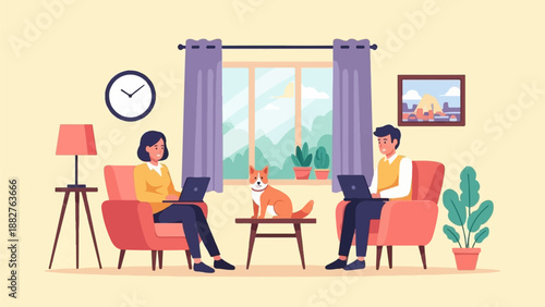 A woman and man work remotely on laptops in a cozy living room with a dog