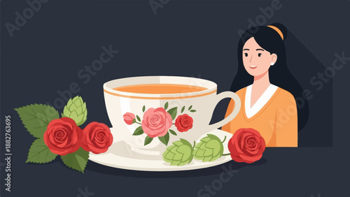 A woman enjoys a cup of tea adorned with roses and hops