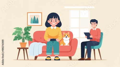 A woman plays a video game with a dog on couch, man reads tablet