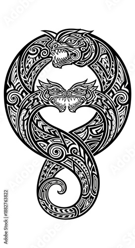 Intricate illustration of intertwined dragons forming a circular pattern, vector graphics, detailed artwork, symbolic representation, fantasy creatures