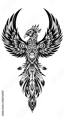 Mythical Phoenix Rising with Outstretched Wings in Tribal Illustration Style, Vector Graphic Representation, Symbolic Artwork