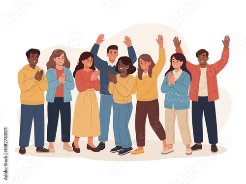 A group of diverse people standing together with raised hands in celebration