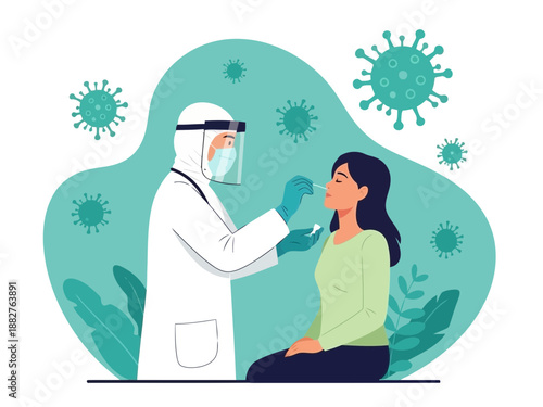 Healthcare professional in protective gear examining a patient during a pandemic with virus cells around them