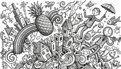 Abstract surreal doodle art with pineapple city houses and characters on black background cad drawing flat vector illustration for creative design wallpaper
