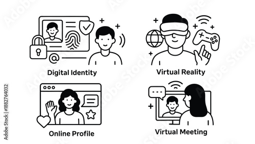 A colorful infographic illustrating digital concepts including identity, reality, profile, and meeting