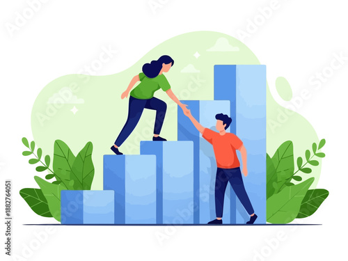 Two people climbing up a bar chart with green plants around them