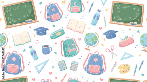 Back to school seamless pattern with cute backpacks books chalkboard and stationery on black background cad drawing flat vector illustration for education