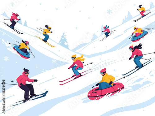 People skiing and snowboarding down a snowy hill with trees and snowflakes in the air