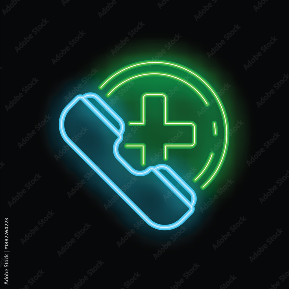 Obraz premium Neon sign of a phone ringing with a medical cross inside representing an emergency call for healthcare assistance
