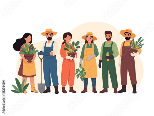 Group of diverse gardeners standing together on a holding plants and gardening tools