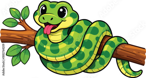 Cute green snake character coiled on tree branch, happy cartoon python with spotted skin and pink tongue, cad drawing flat vector illustration